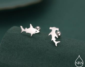 Mismatched Shark 18G Screw Back Earrings in Sterling Silver, Silver, Animal Earrings
