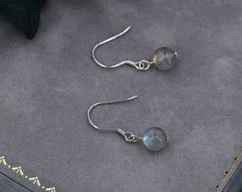 Genuine Labradorite Drop Hook Earrings in Sterling Silver, 6mm Labradorite Ball Earrings