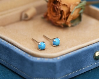 Sterling Silver Turquoise Stud Earrings, 4mm, Genuine Turquoise Gemstone Stud, Turquoise Blue 4 Prongs, Minimalist Style