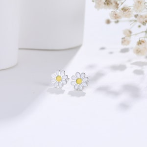 Enamel Daisy Flower Stud Earrings in Sterling Silver, Daisy Flower Earrings, Tiny Flower Earrings image 3