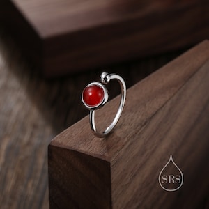 Natural Red Carnelian Open Ring in Sterling Silver, 6mm Red Onyx Stone, Bezel Set, Adjustable Size, Red Chalcedony Ring