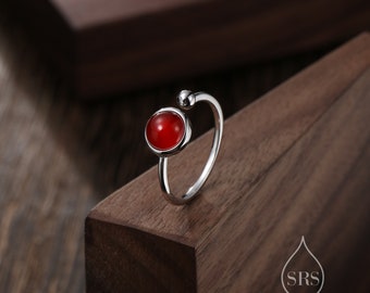 Anillo abierto de cornalina roja natural en plata de ley, piedra de ónix rojo de 6 mm, conjunto de bisel, tamaño ajustable, anillo de calcedonia roja