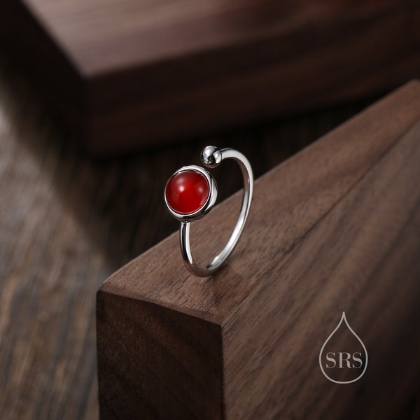 Bague ouverte en cornaline rouge naturelle en argent sterling, pierre d'onyx rouge de 6 mm, ensemble de lunette, taille ajustable, bague en calcédoine rouge