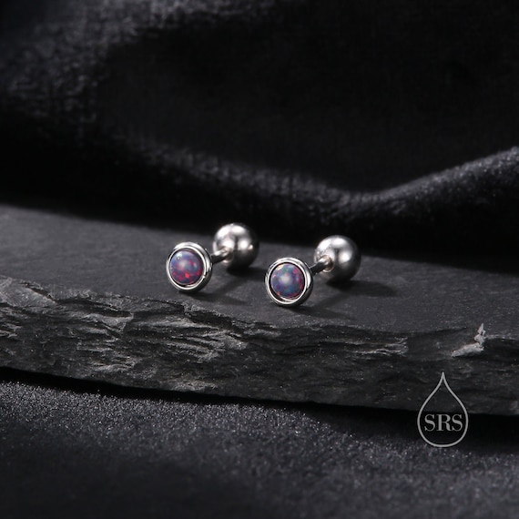 Tiny 3mm Dark Purple Opal Screw Back Earrings in Sterling Silver, Small Opal Stud, Comsic Purple Opal Screw Back Earrings, Fire Opal