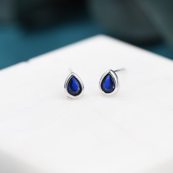 Extra Tiny Sapphire Blue Droplet CZ Stud Earrings in Sterling Silver, Tiny Pear Cut Bezel CZ Stud Earrings, September Birthstone