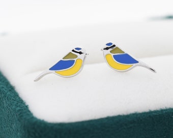 Blaumeise Vogel Ohrstecker aus Sterling Silber, Sterling Silber Blaumeise Ohrringe, handbemalte Emaille Ohrringe, Tier Ohrringe
