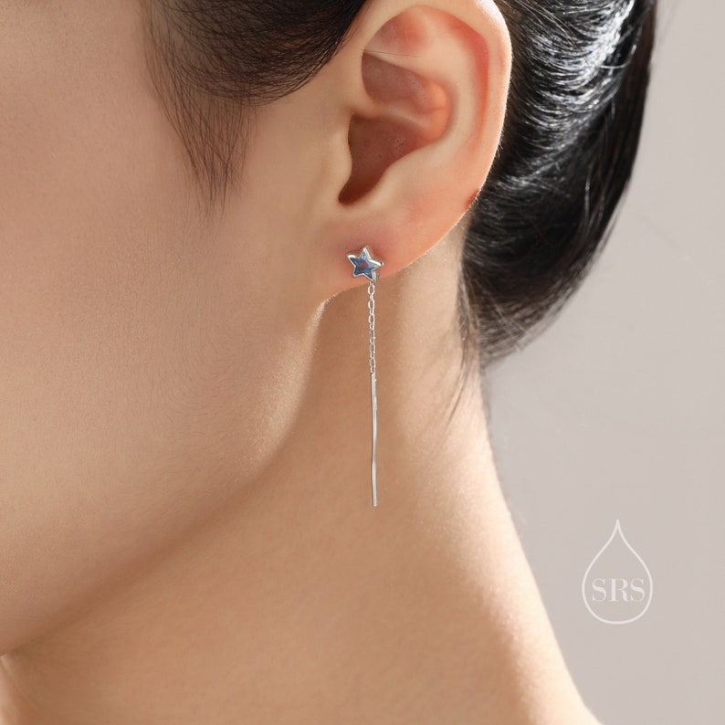 Aquamarine Blue Star Bezel CZ Crystal Threader Earrings in Sterling Silver, Silver or Gold, Minimalist Star Cut Ear Threaders image 3