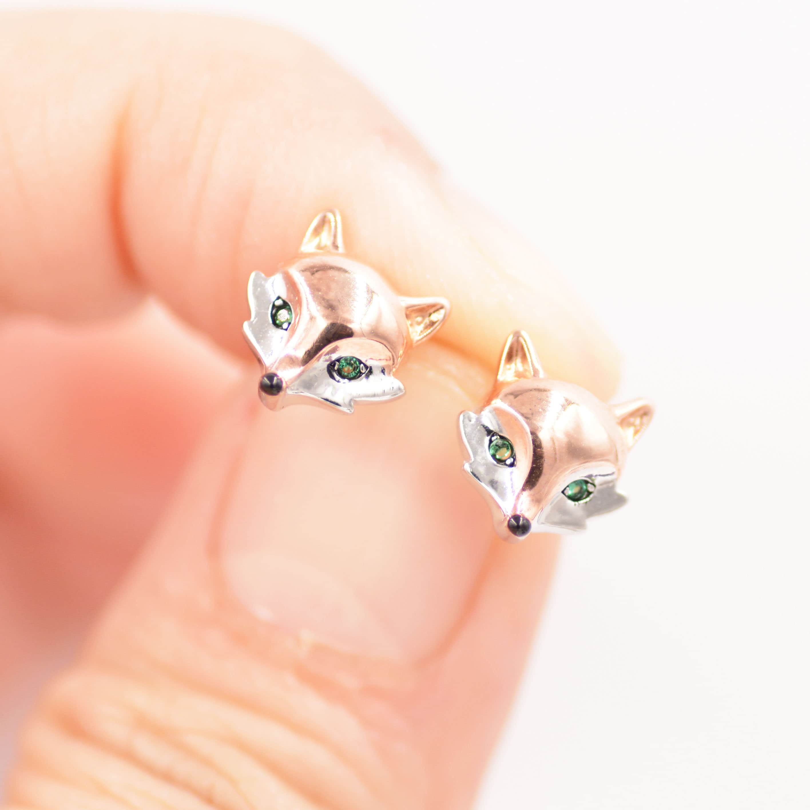 Little Red Fox Face Shaped Stud Earrings in Rose Gold with Rhinestones