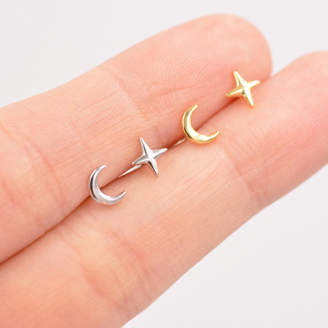 Mismatched Four Point Star and Moon Stud Earrings in Sterling - Etsy