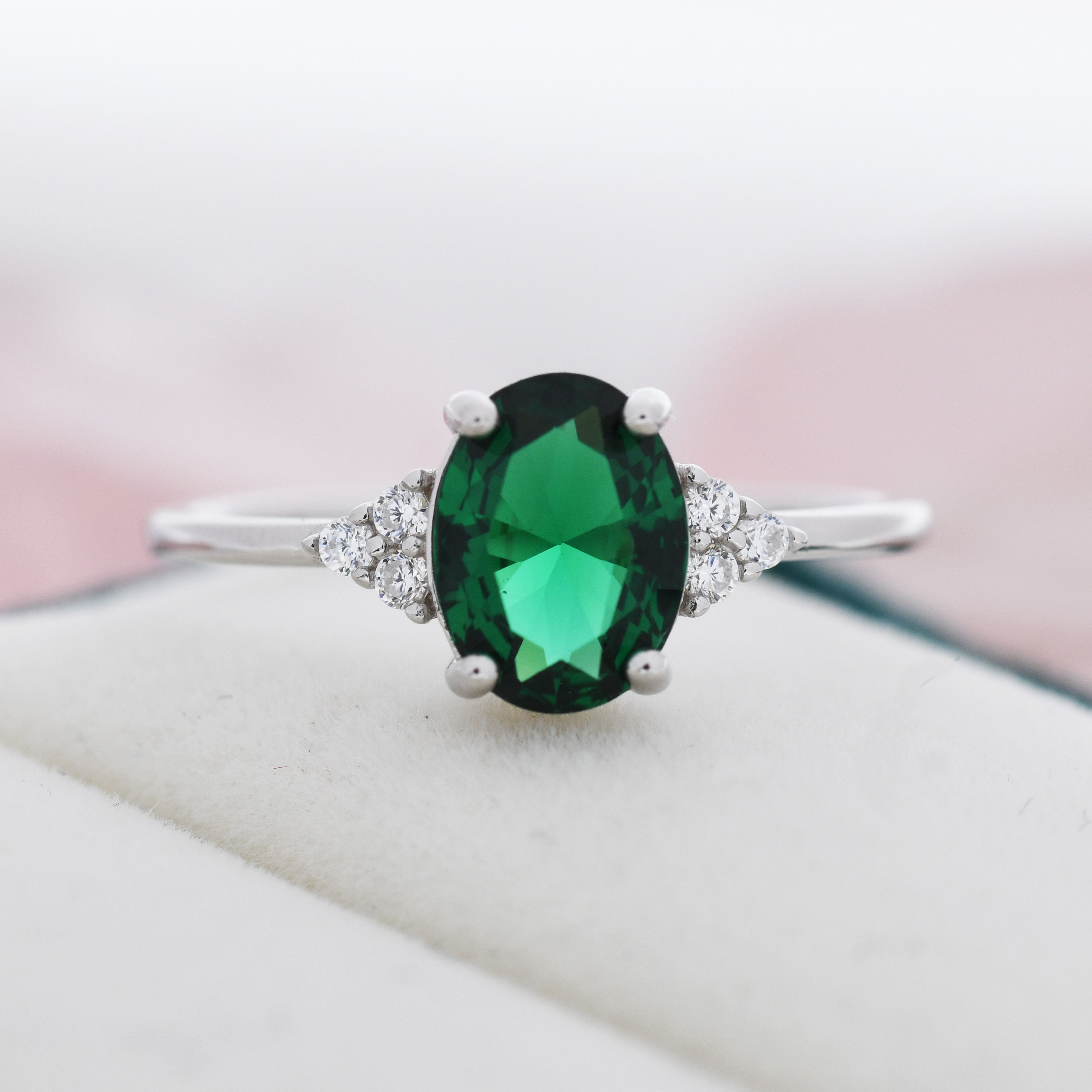 Emerald Green CZ Oval Ring in Sterling Silver Simulated - Etsy UK