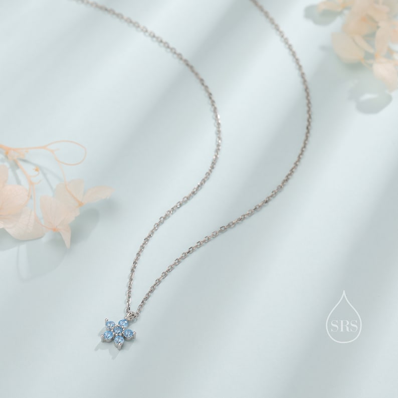 Tiny Forget Me Not Flower CZ Necklace in Sterling Silver, Silver or Gold, Various Colours, Tiny CZ Flower Pendant zdjęcie 9