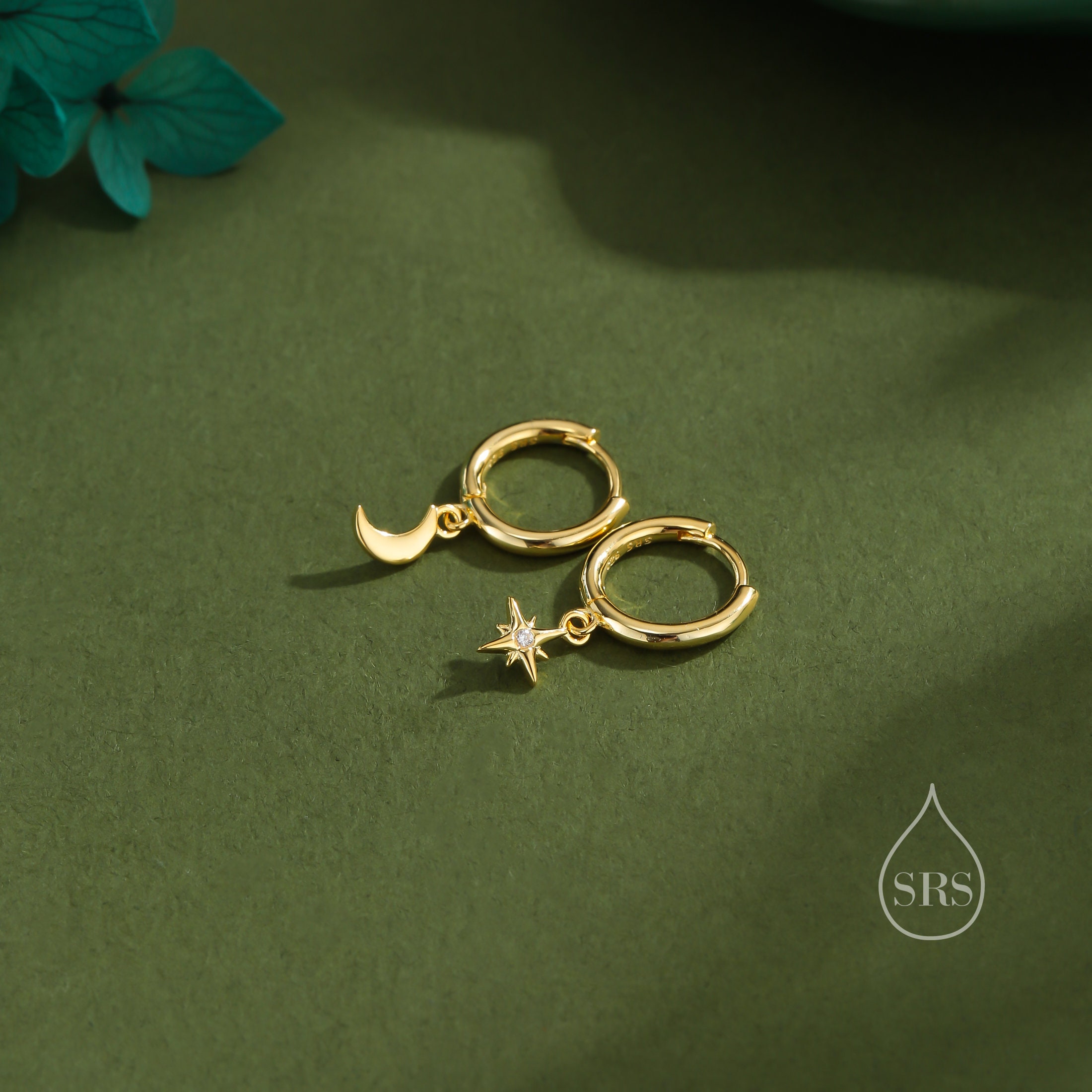 Orecchini Asimmetrici A Cerchio Con Stelle E Luna - In Argento S925 Placcato Oro Bianco - Pendenti Lucidi Per Donne E Ragazze