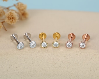 Sterling Silver 3mm Moissanite 16G Flat Back Labret Earrings