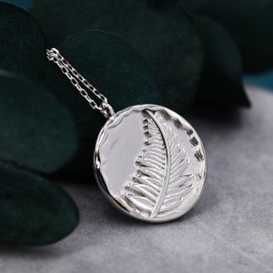 Fern Leaf  Round Disk Coin Pendant Necklace in Sterling Silver, Silver Leaf Pendant, Silver or Gold, Nature Inspired Jewellery,