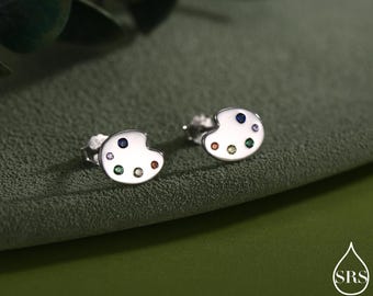 Paint Palette Stud Earrings in Sterling Silver with Multi Colour CZ Crystals, Silver or Gold, Artist's Palette