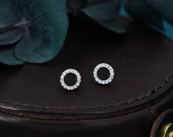 Sterling Silver Open Circle Stud Earrings with CZ Crystals, Symbol for Eternity Infinity and Possibility, Modern Contemporary Design