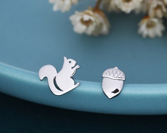 Mismatched Squirrel and Acorn Stud Earrings in Sterling Silver, Silver or Gold, Squirrel Earrings, Asymmetric Squirrel Earrings