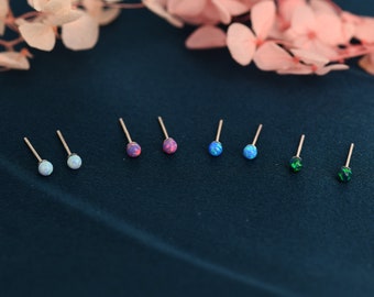 Extra Tiny 3mm Opal Stud Earrings in Sterling Silver -  3mm Opal Ball Stud Earrings, Extra Tiny Opal Stud