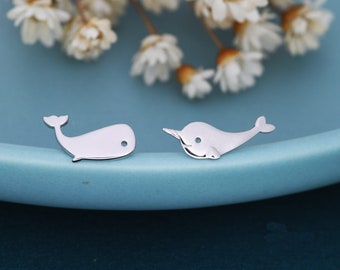 Mismatched Whale and Narwhale Stud Earrings in Sterling Silver,  Whale Fish Earrings, Tiny Fish Earrings, Whale Earrings