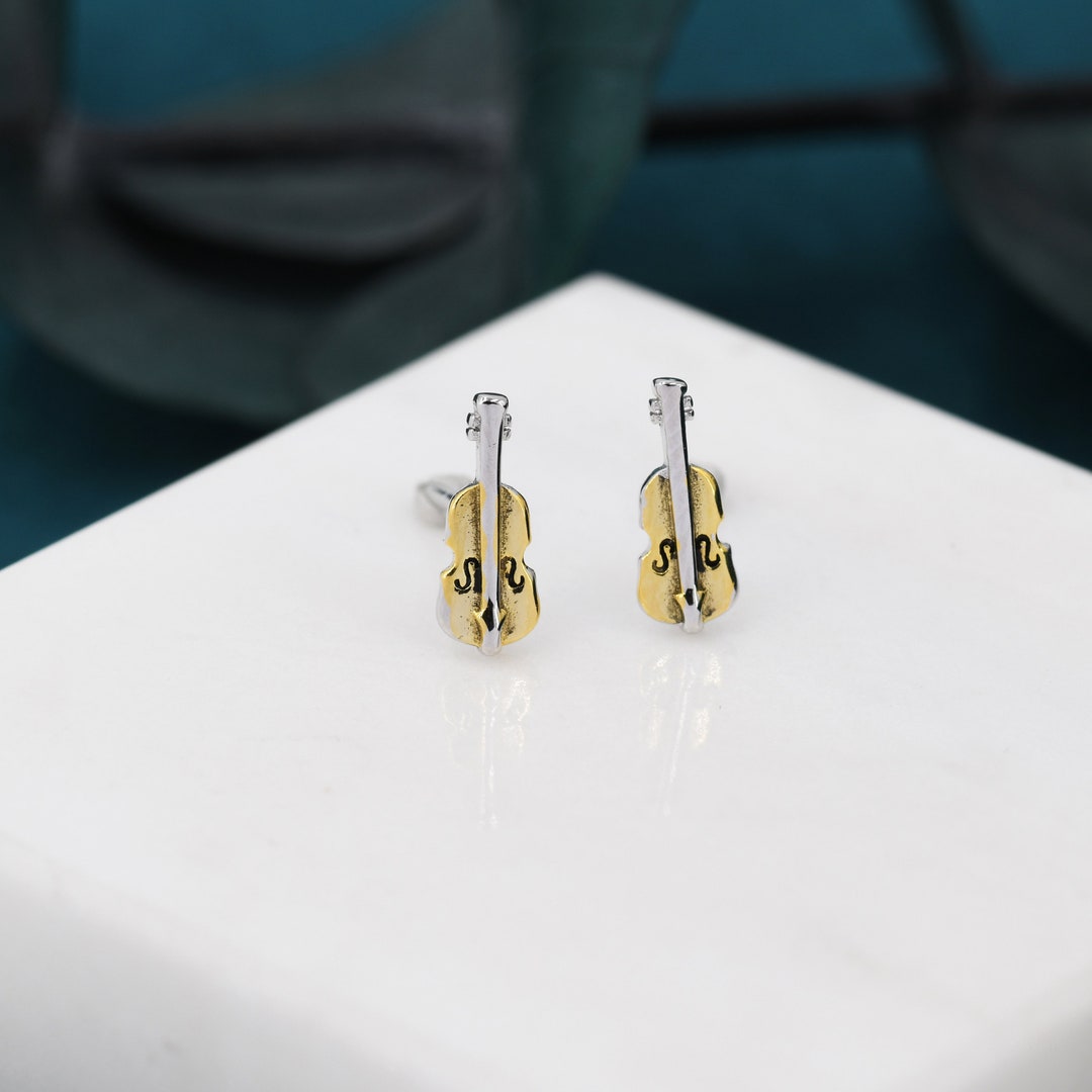 Tiny Violin Stud Earrings in Sterling Silver, Silver or Gold, Music