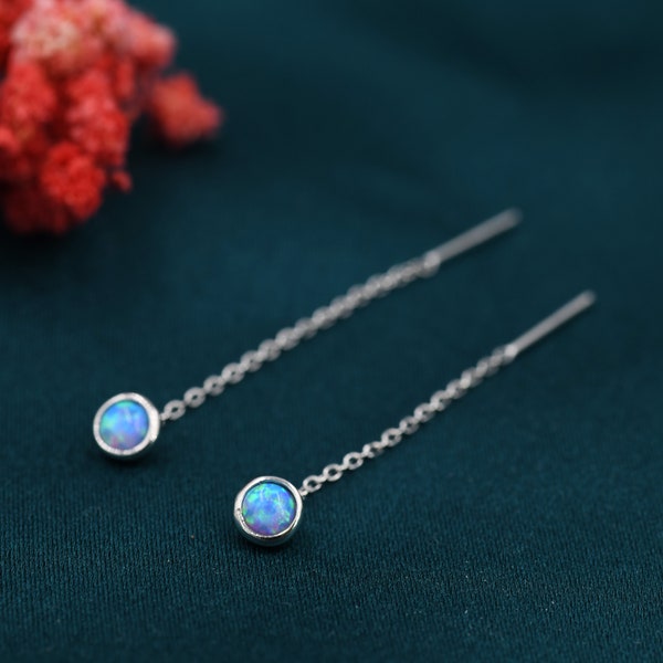 Blue Opal Dot Threader Earrings in Sterling Silver, Lab Opal Ear Threaders, Silver or Gold, Opal Threaders, Chain Earrings