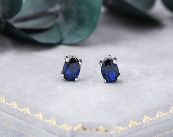 Sapphire Blue Oval CZ Stud Earrings in Sterling Silver,  Available in Two Finishes, Oval Cut Crystal Earrings, September Birthstone