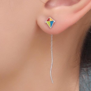 Sterling Silver Flying Kite Threader Earrings, Silver or Gold, Enamel Kite Dangle Drop Earrings, Cute and Quirky Design