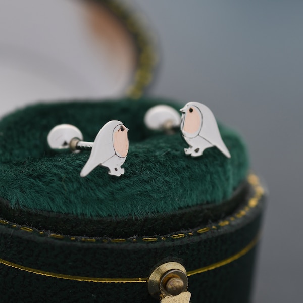 Kolczyki z zakrętką w kształcie ptaka Robin Extra Tiny ze srebra próby 925, Extra Tiny, srebrne kolczyki mankietowe z motywem ptaka Robin, srebro i różowe złoto, inspirowane naturą