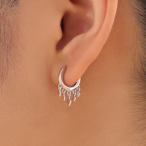Sterling Silver Rhombus Charm Huggie Hoops, Silver, Gold or Rose Gold, Tassle Charm Huggie Hoops, Geometric Hoop Earrings