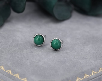 Natural Malachite Stone Stud Earrings in Sterling Silver - 5mm Genuine Malachite Stud Earrings  - Semi Precious Gemstone