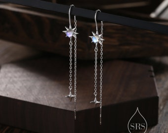 Moonstone Starburst and Star U Shape Threader Earrings in Sterling Silver, Silver or Gold or rose gold , North Star Ear Threaders