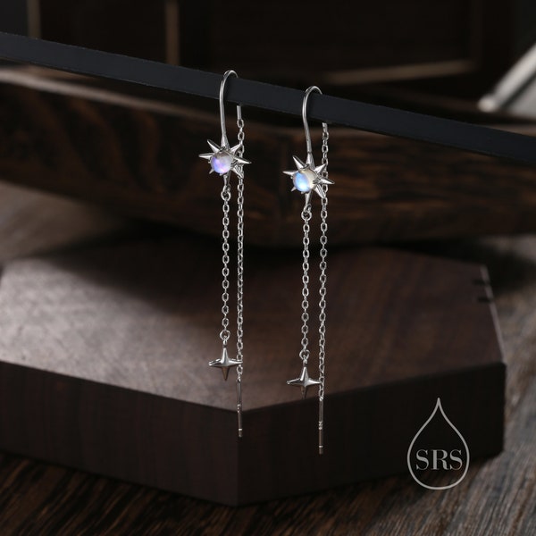 Moonstone Starburst and Star U Shape Threader Earrings in Sterling Silver, Silver or Gold or rose gold , North Star Ear Threaders