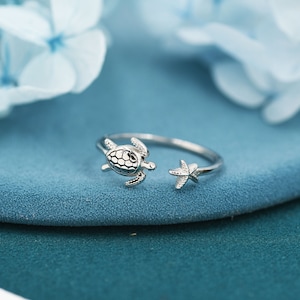 Turtle and Starfish Open Ring in Sterling Silver, Adjustable, Turtle Ring, Starfish Ring, Ocean Inspired, Nature Jewellery, Animal Ring