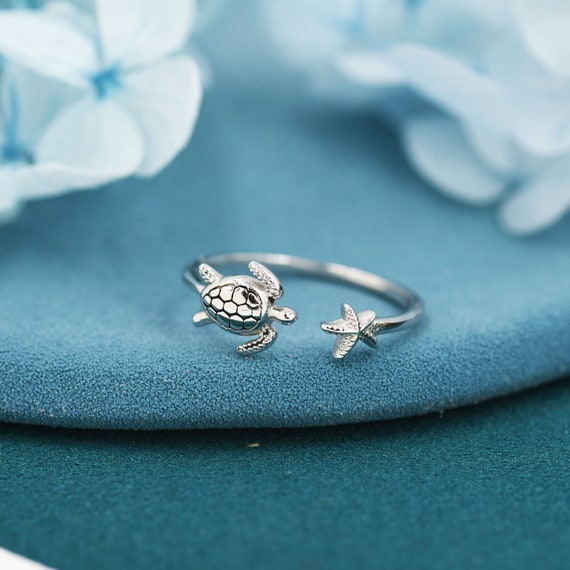Anillo abierto de tortuga y estrella de mar en plata de ley ajustable anillo de tortuga