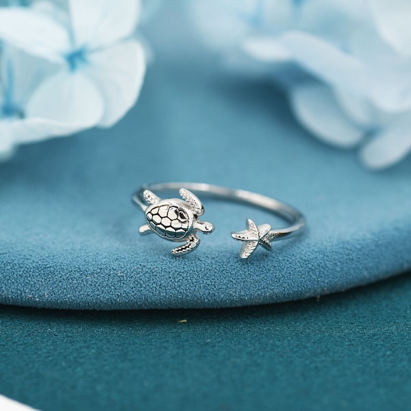 Turtle and Starfish Open Ring in Sterling Silver, Adjustable, Turtle Ring, Starfish Ring, Ocean Inspired, Nature Jewellery, Animal Ring