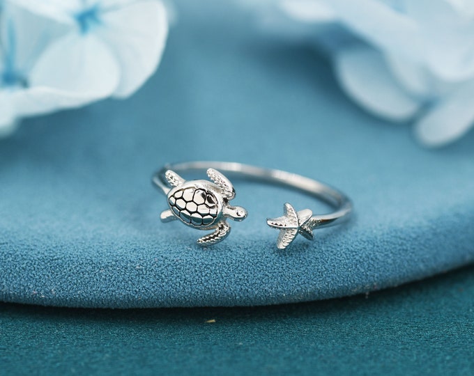 Turtle and Starfish Open Ring in Sterling Silver, Adjustable, Turtle Ring, Starfish Ring, Ocean Inspired, Nature Jewellery, Animal Ring