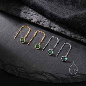 Emerald Green Bezel CZ Crystal Threader Earrings in Sterling Silver, Silver or Gold, Minimalist Crystal Ear Threaders, Threader Ear Jackets image 3