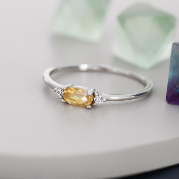 Natürlicher Citrin Ring aus Sterling Silber, echter gelber Citrin Ring, zierlicher Edelstein Ring, US 5-8, November Geburtsstein