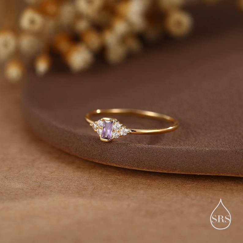 Puede incluir: Un delicado anillo de oro con una peque&ntilde;a piedra preciosa p&uacute;rpura y peque&ntilde;as piedras transparentes dispuestas en un racimo a su alrededor.