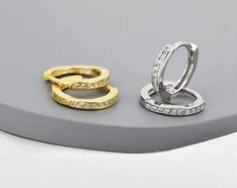 Extra Skinny Clear CZ Huggie Hoop in Sterling Silver, Silver or Gold,  8mm Inner Diameter Hoop Earrings, April Birthstone