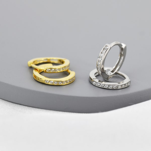 Extra Skinny Clear CZ Huggie Hoop in Sterling Silver, Silver or Gold,  8mm Inner Diameter Hoop Earrings, April Birthstone