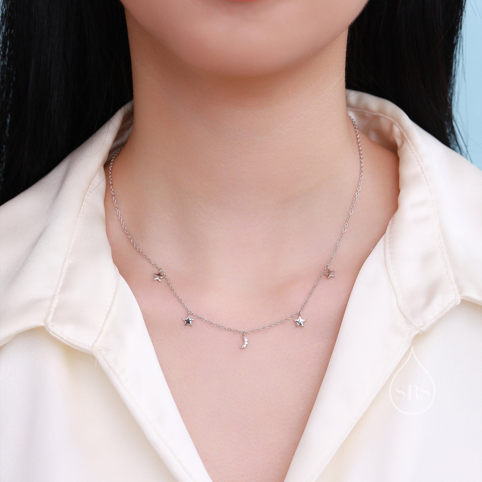 Collana girocollo in argento Sterling con ciondolo a forma di mezzaluna e stella, in rodio su catenina da 32,5 a 39 cm, taglia unica, in argento Sterling e zirconia cubica, One Size