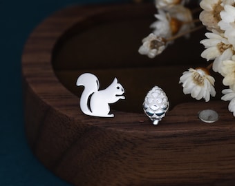 Mismatched Squirrel and Pinecone Stud Earrings in Sterling Silver, Squirrel Earrings, Pine Cone Earrings