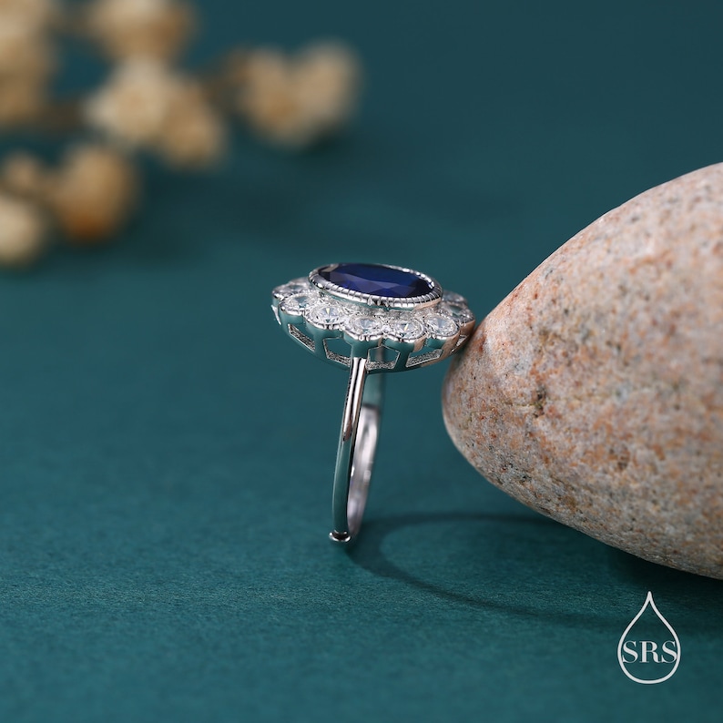 Sterling Silver Vintage Inspired Sapphire Blue CZ Ring, Adjustable Size