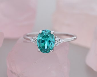 Created Paraiba Green Tourmaline Oval Ring in Sterling Silver,  Lab Paraiba Tourmaline Ring, Three CZ, Vintage Inspired Design, US 5 - 8