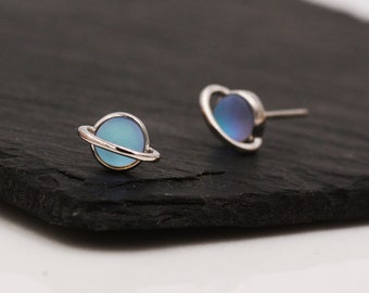 Little Planet Stud Earrings in Sterling Silver - Simulated Moonstone - Gold or Silver - Sold as a Pair - Cute, Fun, Whimsical and Pretty