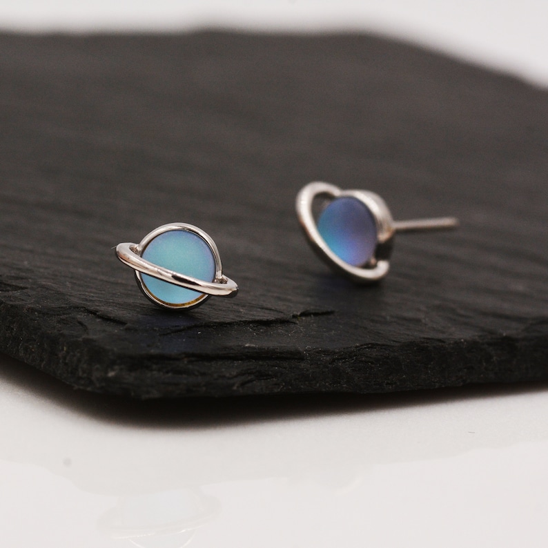 Little Planet Stud Earrings in Sterling Silver - Simulated Moonstone - Gold or Silver - Sold as a Pair - Cute, Fun, Whimsical and Pretty image 1