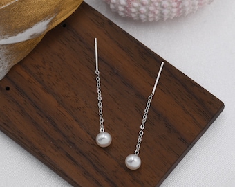 Sterling Silver Pearl Threader Earrings, Genuine Pearl Ear Threaders, Freshwater Pearl Earrings -  Pearl Ear Jacket, Minimalist Design