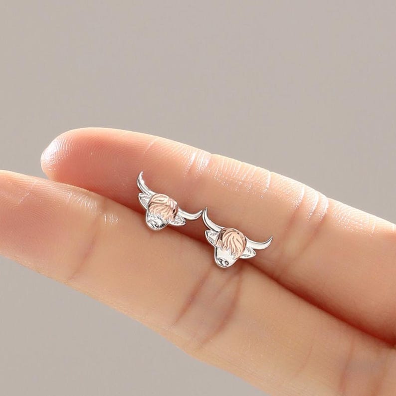Two Tone Highland Cow Stud Earrings in Sterling Silver, Bull Earrings, Cow Earrings image 2