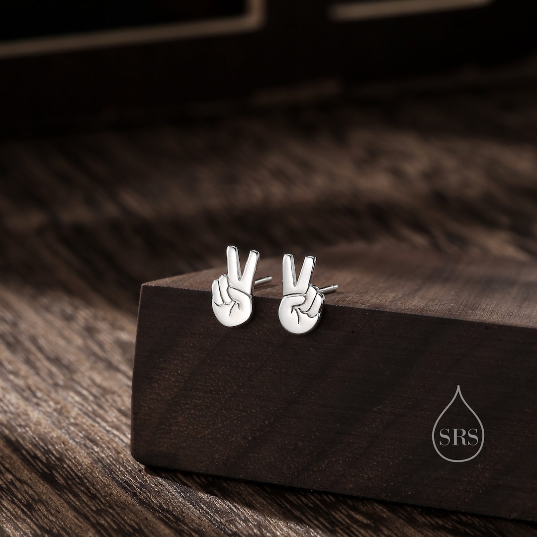 Earring Signs Peace Sign Hand Stud Earrings in Sterling Silver, Silver, Gold or Rose ...